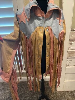 Women's Fringe Suede Western Jacket - Pink, Tan & Light Blue